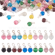 Cat Eye Pendants, with Silver Plated Iron Findings, Round, Mixed Color, 15mm, Beads: 8mm, 10colors, 10pcs/color, 100pcs/box(HJEW-TA0001-02S)
