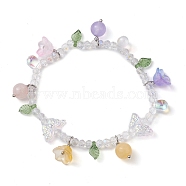 Dyed Natural Mixed Stone & Glass Beaded Stretch Bracelet with Flower Charms, Inner Diameter: 2-3/8 inch(6.1cm)(BJEW-JB10176-04)
