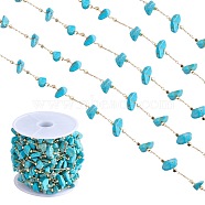 Synthetic Turquoise Chips Beaded Chains, with Golden Brass Findings, Long-Lasting Plated, Soldered, with Spool, 4~14x4~11x2~7mm, about 3.28 Feet(1m)/Box(CHC-SZ0001-62K)