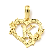 Heart Brass Pendants, Long-Lasting Plated, Cadmium Free & Lead Free, Real 18K Gold Plated, Letter K, 18x20x3mm, Hole: 3.5x7mm(KK-I714-04G-K)