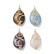 Natural Mixed Gemstone Copper Wire Wrapped Pendants, Teardrop Charms with Moon, Golden, 24x13x7.5~8mm, Hole: 2~2.5mm(PALLOY-JF02598)