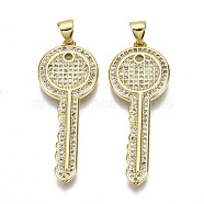Brass Micro Pave Clear Cubic Zirconia Pendants, with Brass Snap on Bails, Nickel Free, Key, Real 16K Gold Plated, 37x14x2mm, Hole: 5x3mm(ZIRC-N039-071-NF)
