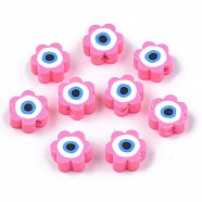 Handmade Polymer Clay Beads, Flower with Evil Eye, Hot Pink, 9x9x4.5mm, Hole: 1.8mm(CLAY-N007-003-07)