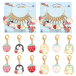 Alloy Enamel Strawberry & Penguin Pendant Locking Stitch Markers, Zinc Alloy Lobster Claw Clasp Stitch Marker, Mixed Color, 3.8~4.1cm, 6 style, 2pcs/style, 12pcs/set(HJEW-AB00010)