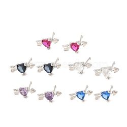 Heart with Arrow Platinum Brass Stud Earrings, with Clear Cubic Zirconia, Long-Lasting Plated, Lead Free & Cadmium Free, Mixed Color, 6x13mm(EJEW-L270-06P)