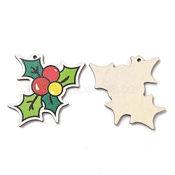 Single Face Printed Wood Big Pendants, Christmas Charms, Holly Leaves, 50x55x2.5mm, Hole: 2mm(WOOD-D025-03)