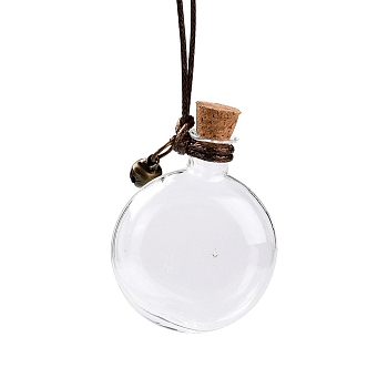 Flat Round Glass Cork Bottles Ornament, with Waxed Cord & Iron Bell, Glass Empty Wishing Bottles, DIY Vials for Pendant Decorations, Clear, 23.5cm, Capacity: 5ml(0.17fl. oz)