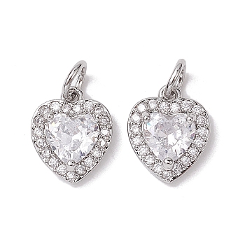 Valentine's Day Brass Micro Pave Clear Cubic Zirconia Charms, Heart Charms, Platinum, 12x9.5x4mm, Hole: 3.4mm