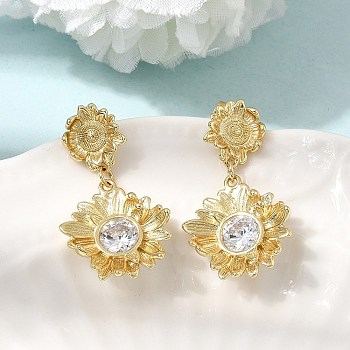 Brass Clear Cubic Zirconia Stud Dangle Stud Earrings, Flower, Real 16K Gold Plated, 30x19mm