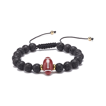 Natural Lava Rock & Acrylic Braided Bead Bracelet, Essential Oil Gemstone Jewelry for Men Women, Player Pattern, Inner Diameter: 2-1/8~3-5/8 inch(5.5~9.3cm)