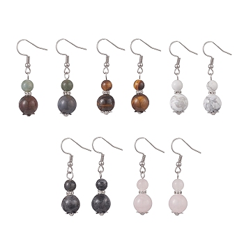 Natural Mixed Gemstone Gourd Dangle Earrings, 304 Stainless Steel Jewelry for Women, 40mm, Pin: 0.6mm