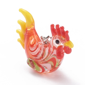 Handmade Lampwork Pendant Decorations, with Brass Lobster Claw Clasp, Chinese Zodiac, Platinum, Rooster,  37mm, Pendant: 18x24x10mm