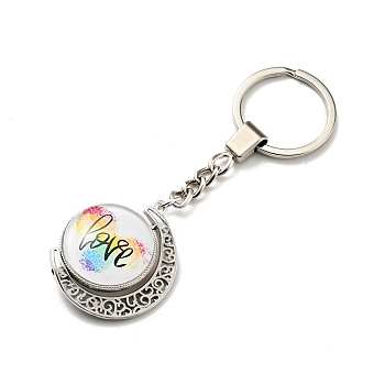 Pride Rainbow Alloy Glass Keychain, with Iron Key Rings, Rotatable, Flat Round with Moon, Word, 10.45cm