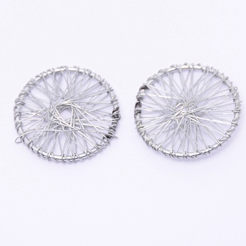 Wrapped Wire Iron Pendants, Flat Round, Silver, 30x5mm