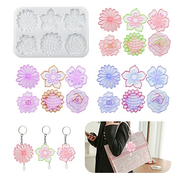 DIY Silicone Flower Pendant Molds, Decoration Making, Resin Casting Molds, For UV Resin, Epoxy Resin Jewelry Making, Mixed Shapes, 190x132x6mm, Hole: 1.7mm, Inner Diameter: 52.5~61.5x58~61mm