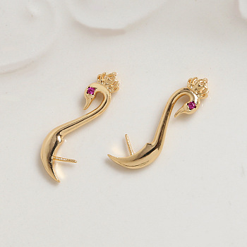 Brass Pave Camellia Cubic Zirconia Swan Head Pins, for Half Drilled for Baroque Pearl Making, Golden, 32mm