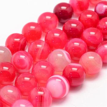 Natural Striped Agate/Banded Agate Bead Strands, Round, Grade A, Dyed, Cerise, 8mm, Hole: 1mm, about 47~48pcs/strand, 14.5 inch