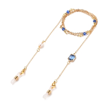 Eyeglasses Chains, Neck Strap for Eyeglasses, with Brass Cable Chains, Natural Pearl Beads, Glass Beads, 304 Stainless Steel Lobster Claw Clasps and Rubber Loop Ends, Real 18K Gold Plated, Cornflower Blue, 31.57 inch(80.2cm)