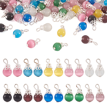 Cat Eye Pendants, with Silver Plated Iron Findings, Round, Mixed Color, 15mm, Beads: 8mm, 10colors, 10pcs/color, 100pcs/box