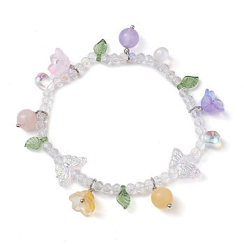 Dyed Natural Mixed Stone & Glass Beaded Stretch Bracelet with Flower Charms, Inner Diameter: 2-3/8 inch(6.1cm)