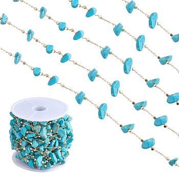Synthetic Turquoise Chips Beaded Chains, with Golden Brass Findings, Long-Lasting Plated, Soldered, with Spool, 4~14x4~11x2~7mm, about 3.28 Feet(1m)/Box