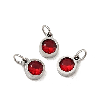 304 Stainless Steel Pendants, with Cubic Zirconia and Jump Rings, Single Stone Charms, Flat Round, Stainless Steel Color, Dark Red, 8.5x6.5x3mm, Hole: 3.6mm