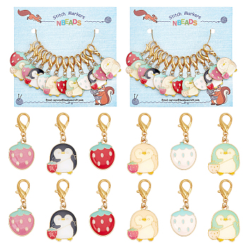 Alloy Enamel Strawberry & Penguin Pendant Locking Stitch Markers, Zinc Alloy Lobster Claw Clasp Stitch Marker, Mixed Color, 3.8~4.1cm, 6 style, 2pcs/style, 12pcs/set