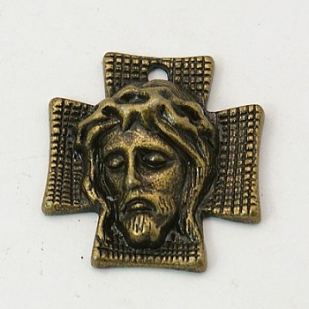 Tibetan Style Alloy Cross with Jesus Alloy Pendants for Easter Jewelry, Lead Free and Cadmium Free, Antique Bronze, 23x21x6mm, Hole: 2mm