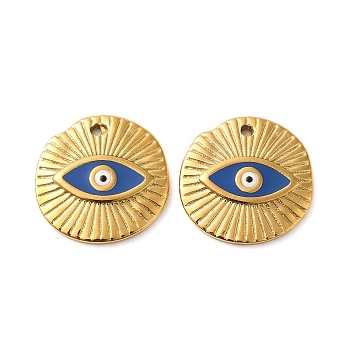 201 Stainless Steel Enamel Pendants, Flat Round with Eye Charm, Real 18K Gold Plated, 18x18x2.5mm, Hole: 1.4mm