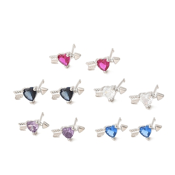 Heart with Arrow Platinum Brass Stud Earrings, with Clear Cubic Zirconia, Long-Lasting Plated, Lead Free & Cadmium Free, Mixed Color, 6x13mm