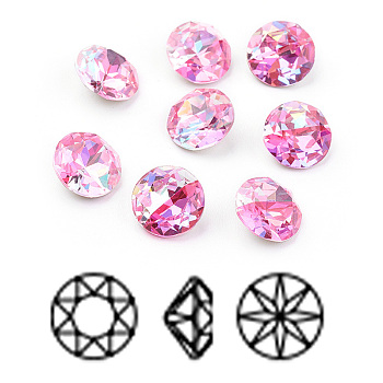 Pointed Back & Back Plated K9 Glass Rhinestone Cabochons, Grade A, Two Tone, Shiny Laser Style, Faceted, Flat Round, Rose, 8x4.5mm