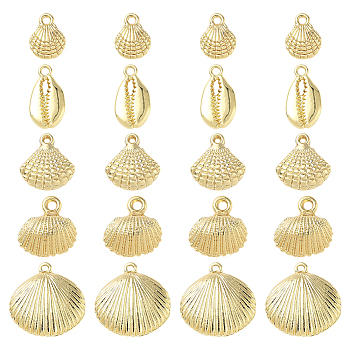 20Pcs 5 Styles Alloy Pendants, Ocean Theme, Lead Free & Nickel Free & Cadmium Free, Cowrie Shell Shape, Real 14K Gold Plated, 13.5~24x11~22.5x3~5mm, Hole: 1.5~2.5mm, 4pcs/style