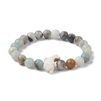 Natural Flower Amazonite & Synthetic Turquoise Dolphin Beaded Stretch Bracelets, Inner Diameter: 2-1/8 inch(5.3cm)