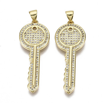 Brass Micro Pave Clear Cubic Zirconia Pendants, with Brass Snap on Bails, Nickel Free, Key, Real 16K Gold Plated, 37x14x2mm, Hole: 5x3mm