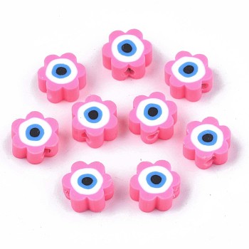 Handmade Polymer Clay Beads, Flower with Evil Eye, Hot Pink, 9x9x4.5mm, Hole: 1.8mm