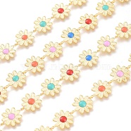 Brass Enamel Flower Link Chains, with Spool, Long-Lasting Plated, Unwelded, Colorful, Real 18K Gold Plated, Flower: 13.5x10x2.5mm, about 32.8 Feet(10m)/roll(CHC-K009-22G)
