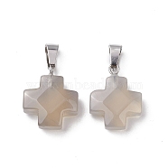 Natural Grey Agate Pendants, Cross Charms with Stainless Steel Color Plated Stainless Steel Snap on Bails, 20~20.5x15.5~16.5x6~7mm, Hole: 7x4.5mm(G-K359-02P-03)