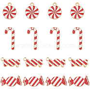 40Pcs 4 Style Christmas Themed Light Gold Plated Alloy Pendants, with Enamel, Candy Cane & Candy & Flat Round with Vortex, Mixed Color, 18~25x10~15x1.3~2mm, Hole: 1.4~2mm, 10pcs/style(ENAM-SC0003-65)