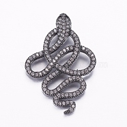 Brass Micro Pave Cubic Zirconia Pendants, Snake, Gunmetal, 35x24x2.5mm, Hole: 2x3mm(ZIRC-E135-42B)