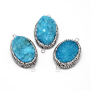 Oval Natural Druzy Agate Links connectors, with Polymer Clay Rhinestone and Platinum Tone Brass Findings, Deep Sky Blue, 37~41x21~23x8~12mm, Hole: 2mm(G-F229-13B)
