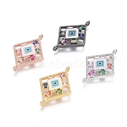 Brass Micro Pave Cubic Zirconia Links connectors, with Enamel, Rhombus with Evil Eye, Colorful, Mixed Color, 27.5x18x3mm, Hole: 1.2mm(ZIRC-G152-38)