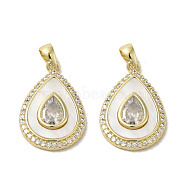 Brass Micro Pave Clear Cubic Zirconia Pendants, with Shell, Real 18K Gold PlatedPlated, Teardrop, 20x13.5x3mm, Hole: 2.5x4mm(KK-I708-02A-G)