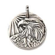 Brass Pendants, Long-Lasting Plated, Cadmium Free & Lead Free, Flat Round with Eagle Charm, Antique Silver, 20x2mm, Hole: 4.3x3mm(KK-Z033-15AS)