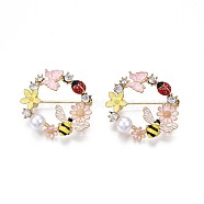 Flat Round with Butterfly Bee Flower Enamel Pin with Rhinestone, 3D Animal Alloy Brooch with Imitation Pearl for Backpack Clothes, Nickel Free & Lead Free, Light Golden, Colorful, 30x32mm(JEWB-N007-070)