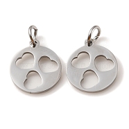 304 Stainless Steel Charms, Laser Cut, with Jump Ring, Stainless Steel Color, Hollow, Flat Round Charm, Heart, 13.5x12x1mm, Hole: 3.6mm(STAS-D050-07P-04)