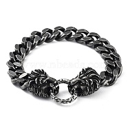 304 Stainless Steel Cuban Link Chains Bracelets, Lion Head Design for Men, Gunmetal, 8-3/4 inch(22.2cm)(BJEW-D031-13B)