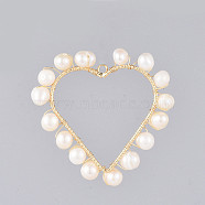 Natural Cultured Freshwater Pearl Pendants, Wire Wrapped Pendants, with Alloy Findings, Heart, Golden, 38x39x5~6mm, Hole: 1.8mm(PALLOY-JF00400)