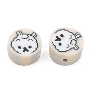Handmade Polymer Clay Beads, Flat Round with Dog Pattern, Blanched Almond, 9x5mm, Hole: 1.5mm(CLAY-C001-03B)