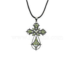 Cross Zinc Alloy Pendant Necklace, with Rhinestone, Olivine, 19.69 inch(50cm)(VJ0126-06)