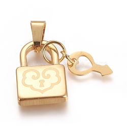 304 Stainless Steel Pendants,  Lock and Key, Golden, Lock: 19x12x3mm, Key: 11.5x6.5x0.5mm, Hole: 5x4mm.(STAS-I131-09G)